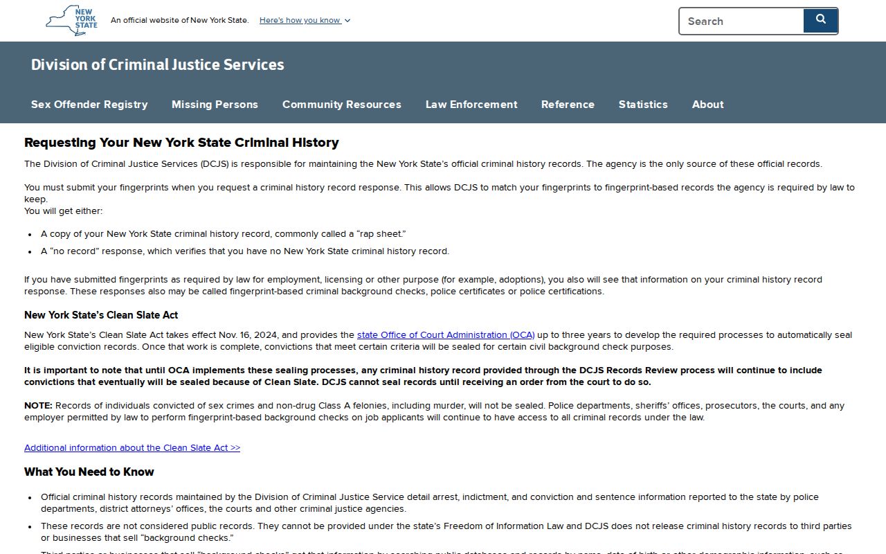 Seneca County criminal history DCJS personal record review