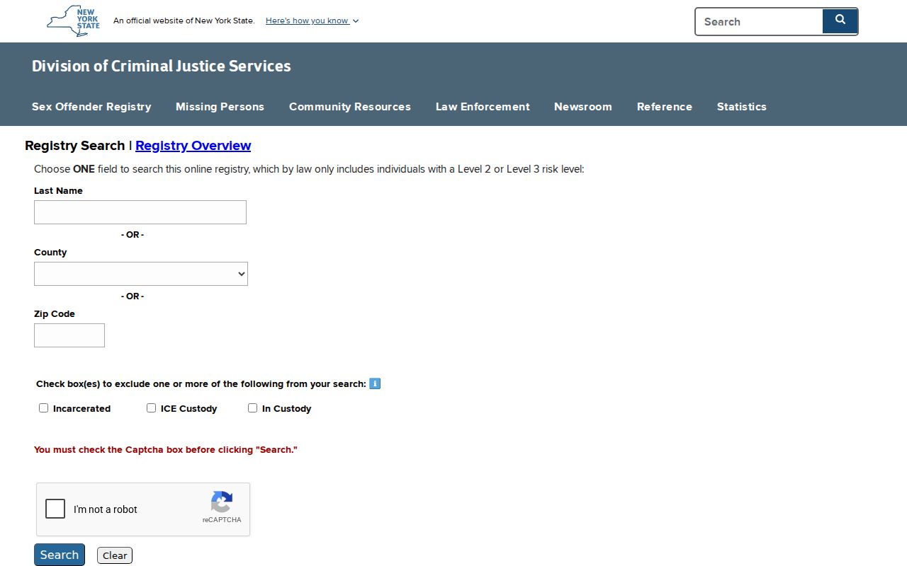 Seneca County sex offender registry name search interface