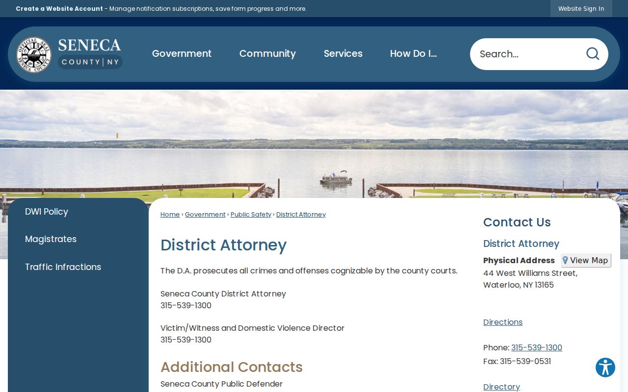 Seneca County District Attorney webpage for Waterloo criminal case routing
